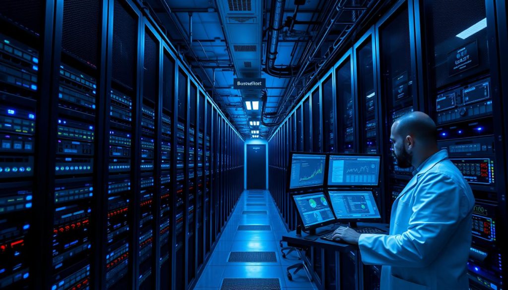 A high-performance server farm humming with activity, featuring the BoostedHost brand. Sleek black racks filled with cutting-edge hardware, bathed in cool blue lighting that casts dramatic shadows. Intricate cooling systems and blinking status lights suggest immense computing power. In the foreground, a technician in a crisp white lab coat monitors multiple displays, analyzing real-time performance metrics. The overall atmosphere conveys a sense of technological mastery, efficiency, and unwavering reliability - the backbone of a robust and high-uptime web hosting platform.
