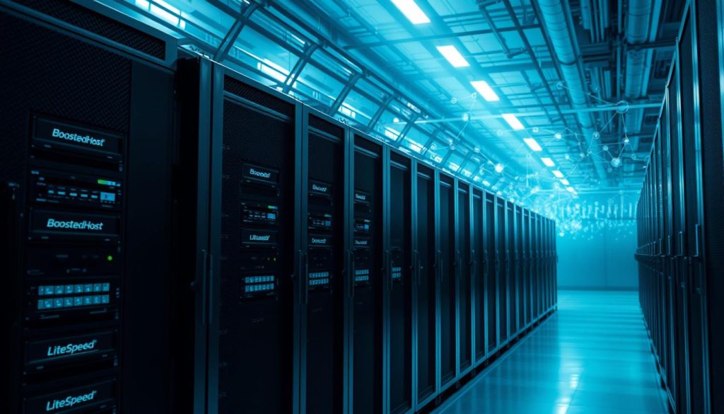 A high-performance server farm with rows of sleek BoostedHost web servers, each equipped with state-of-the-art LiteSpeed web acceleration technology. The scene is illuminated by cool, directional lighting, casting sharp shadows and highlighting the servers' precision-engineered chassis. In the background, a visualization of network traffic flows, illustrating the lightning-fast content delivery of the LiteSpeed CDN. The overall mood conveys a sense of cutting-edge technology, power, and efficiency - the ideal environment for mission-critical web applications. A high-performance server farm with rows of sleek BoostedHost web servers, each equipped with state-of-the-art LiteSpeed web acceleration technology. The scene is illuminated by cool, directional lighting, casting sharp shadows and highlighting the servers' precision-engineered chassis. In the background, a visualization of network traffic flows, illustrating the lightning-fast content delivery of the LiteSpeed CDN. The overall mood conveys a sense of cutting-edge technology, power, and efficiency - the ideal environment for mission-critical web applications.