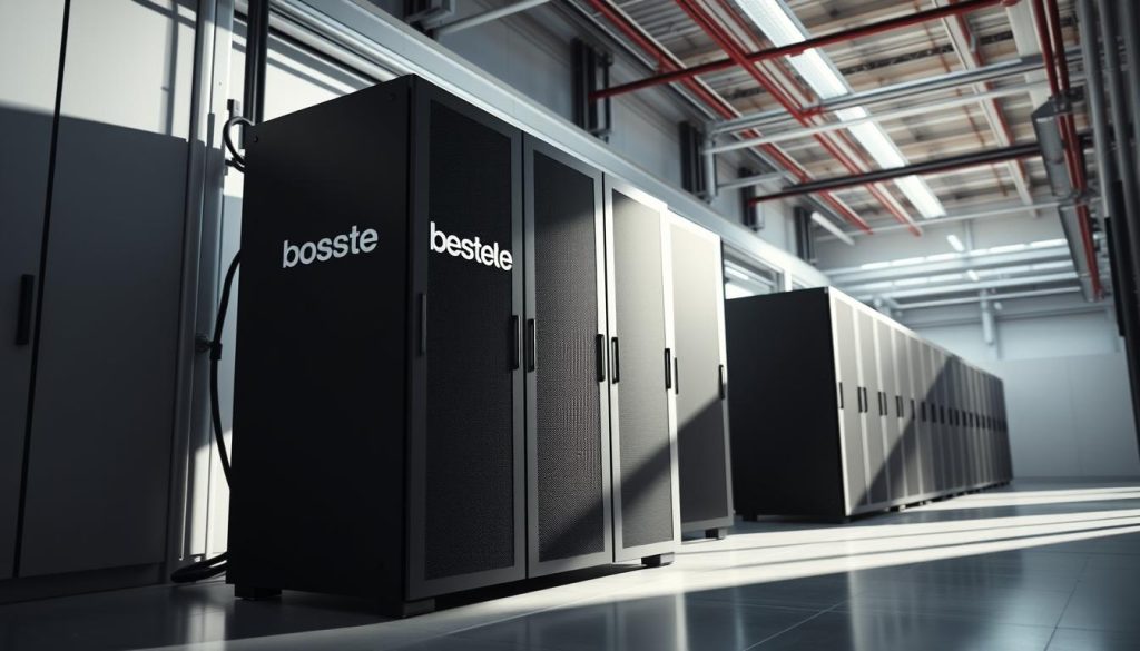 A high-performance server featuring sleek, modern design, with the BoostedHost logo prominently displayed. The server is situated in a well-lit, industrial-style data center, with clean lines and a minimalist aesthetic. The scene is captured from a dynamic angle, emphasizing the server's power and efficiency. Soft, directional lighting casts dramatic shadows, creating a sense of depth and three-dimensionality. The overall mood is one of technological sophistication and reliable performance, reflecting the capabilities of the BoostedHost hosting service.