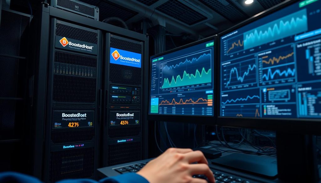 A high-performance server rack in a modern data center, with precise performance monitoring tools and software interfaces displayed on multiple screens. The room is dimly lit, with focused task lighting illuminating the workstation. The BoostedHost logo is prominently displayed on the server hardware. In the foreground, a hand operates a keyboard, while in the background, complex charts and graphs visualize the web hosting performance data. The overall atmosphere conveys a sense of technical proficiency, attention to detail, and a focus on providing reliable, high-quality hosting services.