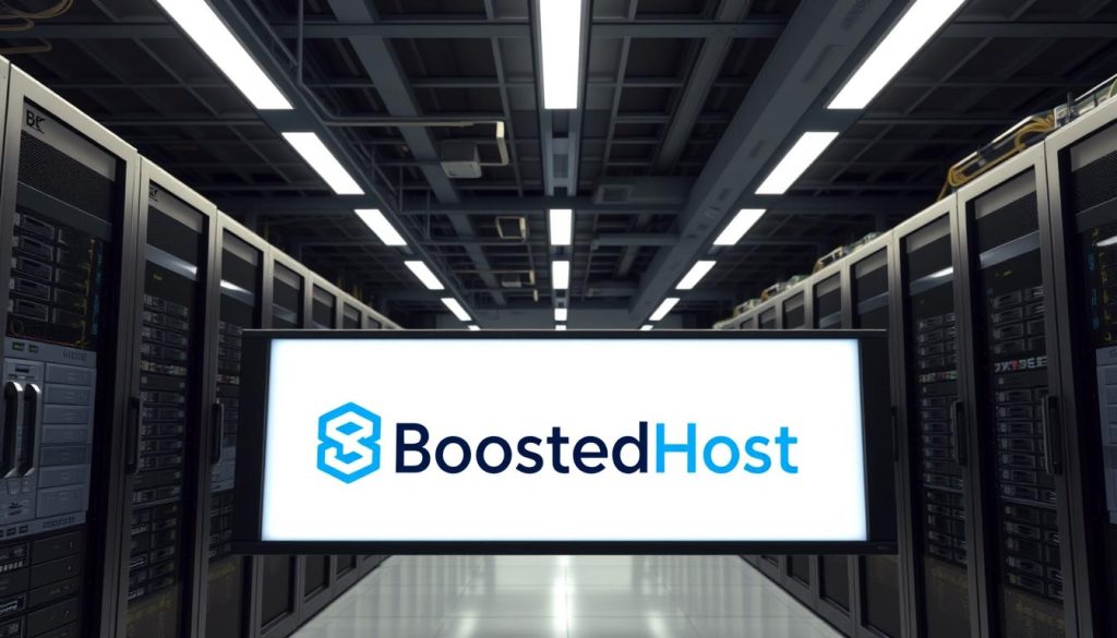 A high-performance server rack in a sleek, modern data center, with the BoostedHost logo prominently displayed. The lighting is soft and even, highlighting the clean lines and metallic finishes of the hardware. The rack is situated in a spacious, well-ventilated room, with a backdrop of server towers and cables meticulously organized. The scene conveys a sense of efficiency, reliability, and cutting-edge technology, reflecting the capabilities of the BoostedHost platform.