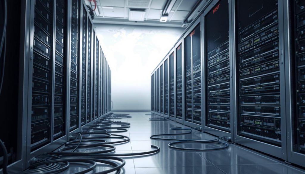 A high-performance server rack, its gleaming metal surfaces reflecting the soft, diffused lighting. Cables snake across the floor, connecting the servers in a complex web of data flow. The BoostedHost logo prominently displayed on the equipment, signifying the cutting-edge technology powering this impressive setup. In the background, a world map casts a soft glow, indicating the global reach and infrastructure of this hosting provider. The scene conveys a sense of efficiency, power, and reliability - the key attributes that will decide the speed and uptime battle between BoostedHost and its competitors.