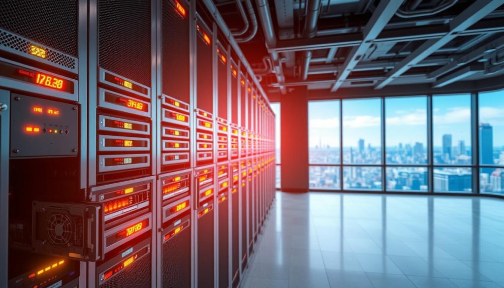 A high-performance server rack showcasing the powerful hardware of BoostedHost, with sleek metallic enclosures and glowing indicator lights. In the foreground, a close-up of a state-of-the-art server blade, its intricate circuit boards and cooling fans visible under a soft, directional lighting. The middle ground features a panoramic view of the server room, with rows of identical racks maintaining perfect temperature and humidity levels. In the background, a large window overlooks a bustling city skyline, suggesting the global reach and enterprise-grade infrastructure of BoostedHost's cloud services.