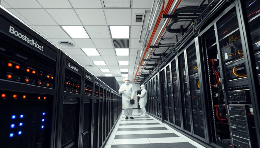 A high-performance server room with rows of BoostedHost branded hardware, meticulously maintained and monitored. Bright, evenly distributed lighting illuminates the sleek, black chassis, creating sharp shadows and highlights. The foreground features a close-up view of a single server, its LED indicators pulsing steadily, conveying a sense of constant, reliable operation. In the middle ground, technicians in clean-room attire perform routine maintenance, their movements precise and efficient. The background showcases a complex array of network cables, cooling systems, and monitoring equipment, all working in harmony to ensure maximum uptime and blazing-fast response times.