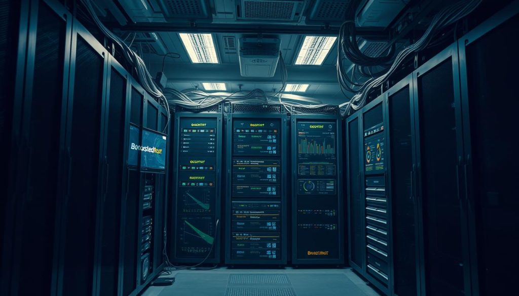 A high-performance server room with sleek BoostedHost branded hardware, showcasing cutting-edge network equipment, cooling systems, and advanced monitoring displays. Dramatic lighting illuminates the scene, casting shadows and highlights that emphasize the technical complexity and power of the infrastructure. The layout is thoughtfully designed for maximum efficiency, with clean cable management and a sense of intentional organization. The overall mood conveys a feeling of cutting-edge technology, reliability, and the ability to handle demanding workloads with ease.