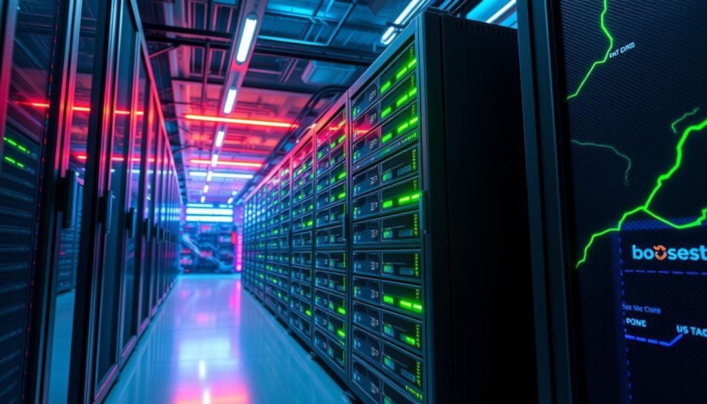 A high-performance server stack, showcasing the BoostedHost LiteSpeed infrastructure in a sleek, modern data center. The scene depicts a vibrant, neon-lit environment, with a dynamic edge CDN network visualization in the background. The focus is on a single server rack, illuminated by dramatic lighting, showcasing the lightning-fast processing and minimal latency. The image conveys a sense of power, efficiency, and technological superiority, highlighting the speed and uptime advantages of the BoostedHost hosting solution.