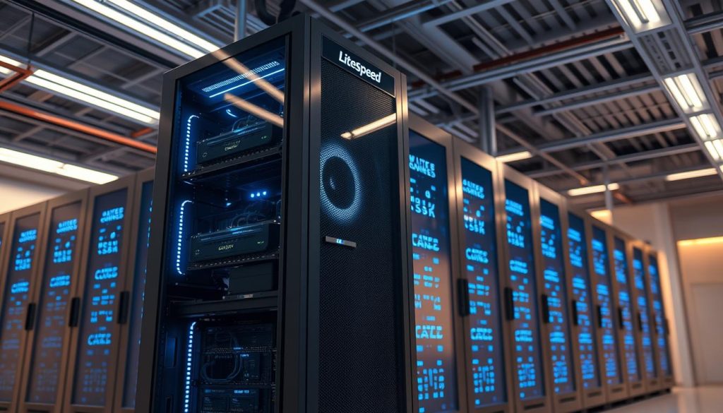 A high-performance web server hosting a BoostedHost site, with a gleaming LiteSpeed stack and lightning-fast cloud IOPS. The scene depicts a modern data center, bathed in a warm, futuristic glow. Servers hum with efficiency, their blue indicator lights pulsing in sync, conveying a sense of speed and uptime. The environment is sleek and minimalist, with clean lines and a touch of industrial chic. In the foreground, a server rack stands tall, its intricate components visible through tempered glass panels. The lighting is directional, casting dramatic shadows and highlighting the technical details. The overall atmosphere is one of power, reliability, and cutting-edge technology.