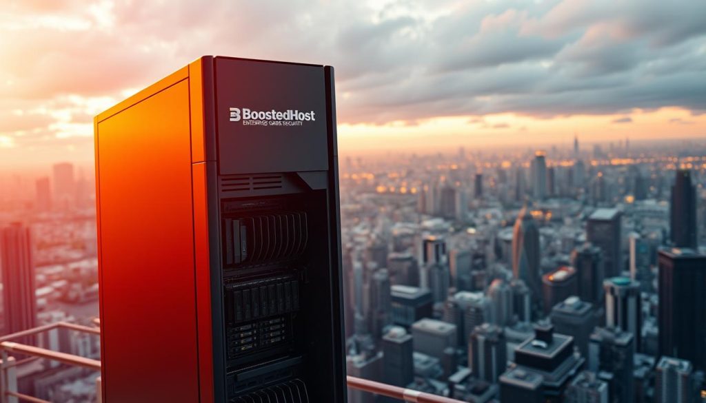 A high-performance web server stands tall, its sleek chassis gleaming under warm, directional lighting. The BoostedHost logo is prominently displayed, signaling enterprise-grade power and reliability. The scene depicts the server's innards - a tangle of state-of-the-art components, meticulously arranged for optimal airflow and heat dissipation. Crisp, detailed textures convey the server's robust, industrial construction. In the background, a dramatic cityscape stretches out, hinting at the scale and significance of the hosting infrastructure. The overall mood is one of modern, cutting-edge technology - a visual representation of the "performance, uptime, and security" promised by premium WordPress hosting.