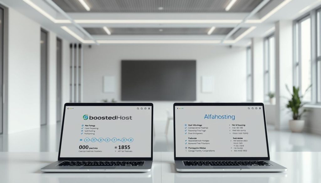 A high-quality, detailed comparison of two popular web hosting providers, BoostedHost and Alfahosting, set against a sleek, minimalist background. The scene features a modern, well-lit office space with clean lines and neutral tones, creating a professional and authoritative atmosphere. In the foreground, two laptops displaying the respective company logos are positioned side-by-side, inviting the viewer to explore the key features and performance metrics of each service. The image should convey a sense of objective evaluation, allowing the viewer to make an informed decision about the best hosting option for their needs. A high-quality, detailed comparison of two popular web hosting providers, BoostedHost and Alfahosting, set against a sleek, minimalist background. The scene features a modern, well-lit office space with clean lines and neutral tones, creating a professional and authoritative atmosphere. In the foreground, two laptops displaying the respective company logos are positioned side-by-side, inviting the viewer to explore the key features and performance metrics of each service. The image should convey a sense of objective evaluation, allowing the viewer to make an informed decision about the best hosting option for their needs.