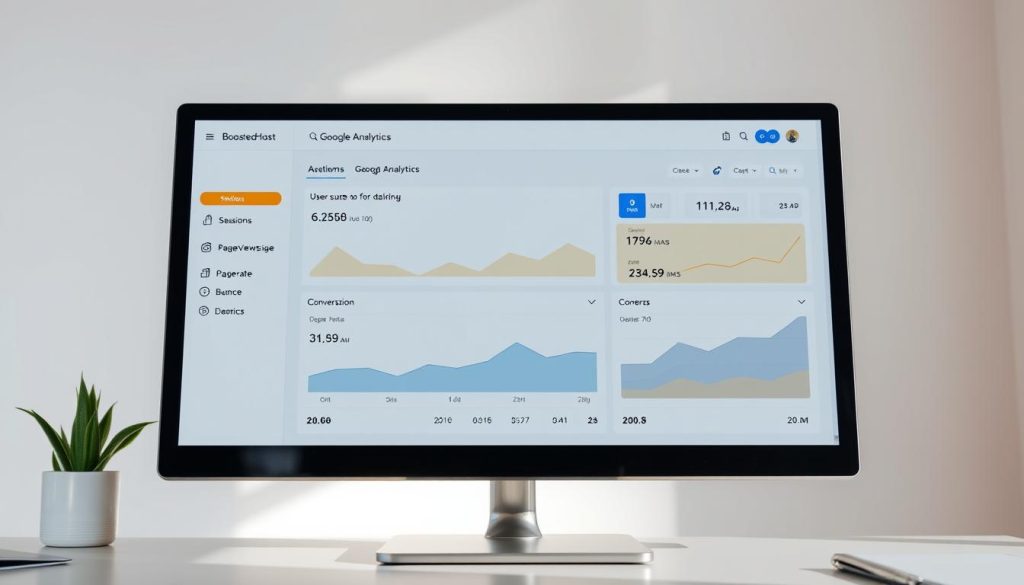 A high-quality, detailed dashboard display showing key Google Analytics metrics, including user sessions, pageviews, bounce rate, and conversion rate. The dashboard is presented on a sleek, modern computer monitor with minimal chrome and a clean, professional interface. The background features a subtle, blurred image of the BoostedHost brand logo, providing a subtle visual association. The lighting is natural and diffused, creating a soft, inviting atmosphere. The overall composition and styling convey a sense of data-driven insights and informed decision-making.