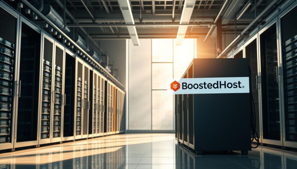 A high-quality photograph of a content delivery network (CDN) infrastructure, featuring a modern data center with rows of server racks, cooling systems, and fiber optic cables. The scene is illuminated by soft, natural lighting from large windows, casting a warm glow on the sleek, minimalist design. In the foreground, a prominent "BoostedHost" logo is displayed on one of the server cabinets, indicating this is a CDN solution offered by the company. The overall atmosphere conveys a sense of efficiency, reliability, and global scale, suitable for illustrating a high-performance CDN strategy.