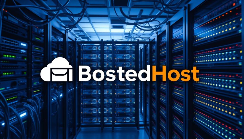 A high-quality, photorealistic image of a modern content delivery network (CDN) architecture. The scene depicts a server rack with multiple network switches and routers, connected by thick cables in a dimly lit data center. In the foreground, a large BoostedHost logo is prominently displayed, conveying the idea of a robust and reliable CDN service. The middle ground shows intricate server racks with blinking LED lights, creating a sense of technological complexity. The background features a cityscape with skyscrapers, suggesting the global reach and distributed nature of the CDN network. The overall lighting is cool and blue-tinted, creating a professional and authoritative atmosphere.