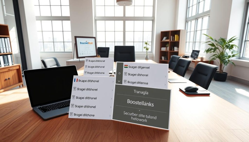 A high-quality, photorealistic image of a professional business office, with a clean and modern aesthetic. The scene features a large desk with a laptop, mouse, and keyboard, along with a framed certificate or logo for the "BoostedHost" brand. On the desk are several open menus with multilingual text, indicating the translation of various website elements. The room is brightly lit with natural light from large windows, creating a warm and inviting atmosphere. The overall mood is one of efficiency, professionalism, and attention to detail in the multilingual user experience.