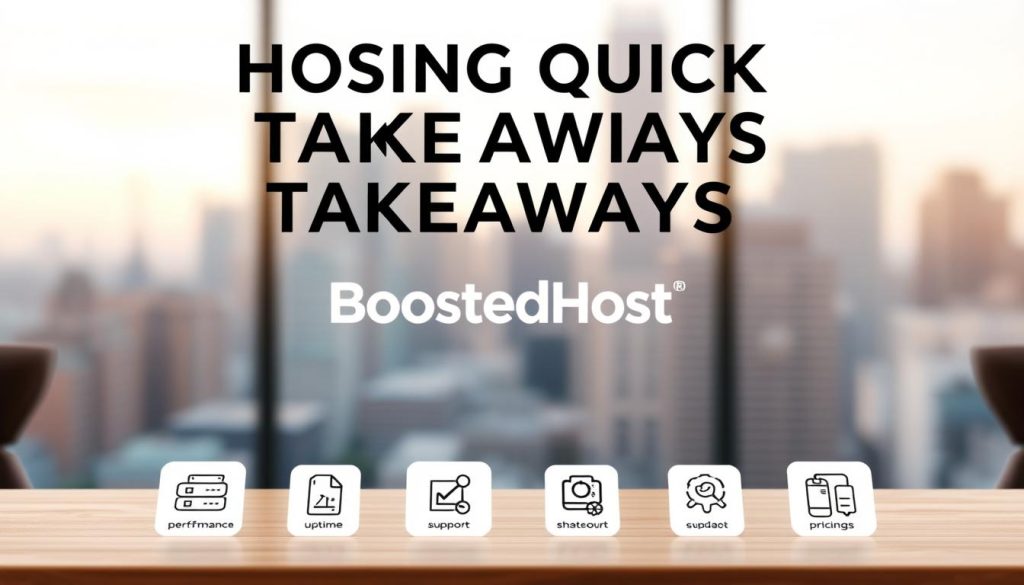 A high-quality, realistic image depicting "hosting quick takeaways" for the "BoostedHost vs Leaseweb – 2025 Head-to-Head Review" article. The image should have a clean, minimalist design with a soft, warm lighting. In the foreground, present a set of simple, icon-style illustrations representing key hosting features like server performance, uptime, support, and pricing. In the middle ground, display the BoostedHost logo prominently. In the background, have a blurred city skyline or office setting to convey a business-focused atmosphere. Capture an overall sense of professionalism, clarity, and ease of understanding the hosting service's strengths at a glance.
