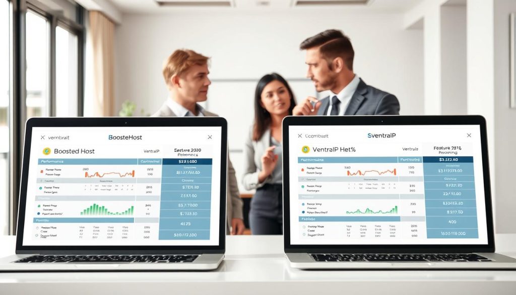 A high-quality, realistic image of a hosting comparison between BoostedHost and VentraIP. The image is set in a modern, well-lit office environment. In the foreground, two laptop computers display detailed performance metrics and feature comparisons between the two hosting providers. In the middle ground, two businesspeople in formal attire are engaged in a thoughtful discussion, examining the data on the laptops. The background features a clean, minimalist office setting with tasteful decor and large windows providing natural lighting. The overall tone is professional, informative, and visually appealing, reflecting the serious nature of the hosting comparison.