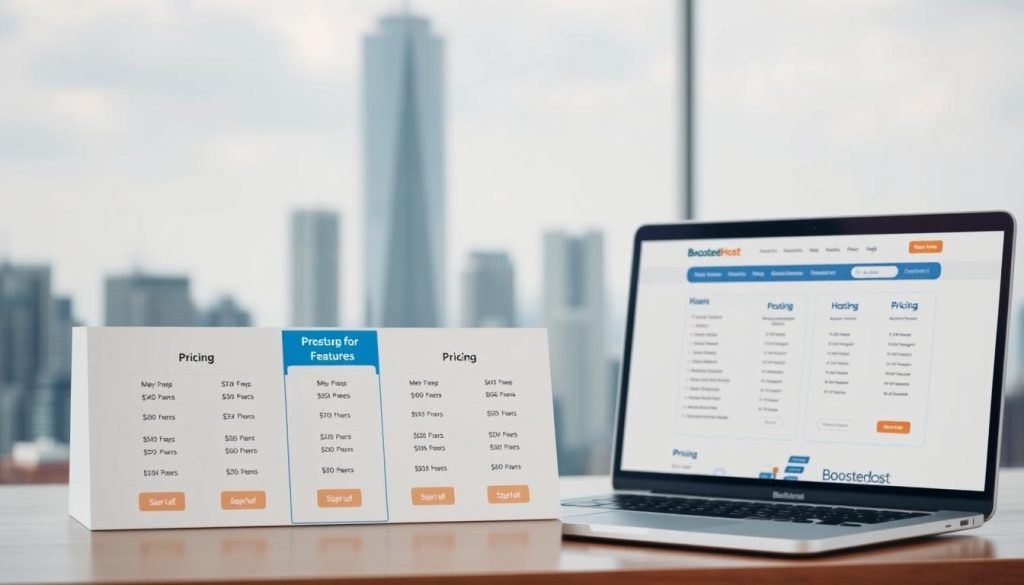 A high-quality, realistic image of a "pricing plans domain" for a web hosting service called "BoostedHost". The foreground depicts a clean, minimalist pricing table with various hosting plan options, prominently displaying the plan names, features, and prices. The middle ground showcases a laptop displaying the BoostedHost website, highlighting the pricing and plan details. The background features a soft, blurred cityscape with modern skyscrapers, conveying a professional, corporate atmosphere. The lighting is natural and diffused, creating a balanced, inviting tone. The camera angle is slightly elevated, giving the viewer a comprehensive overview of the pricing plans domain.