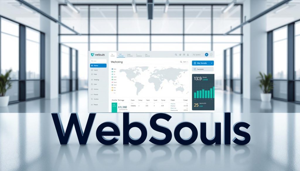 A high-quality, realistic image of the WebSouls hosting brand logo and branding, showcased in a clean, modern web hosting dashboard interface. The foreground features the bold "WebSouls" logotype with a subtle gradient effect, alongside a sleek hosting control panel displaying key metrics like uptime, storage, and bandwidth. The middle ground depicts a stylized world map, highlighting WebSouls' global infrastructure and connectivity. The background portrays a serene, minimalist office setting with large windows, allowing natural light to illuminate the scene. The overall mood is professional, trustworthy, and technologically advanced, reflecting WebSouls' reputation as a leading web hosting provider in Pakistan.