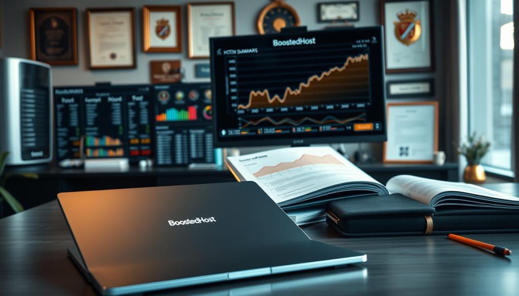 A high-quality, realistic image showcasing a U.S. hosting summary, with a focus on the executive-level perspective. The scene depicts a modern office workspace, with a large monitor displaying detailed hosting performance metrics and benchmarks. The foreground features a sleek, branded "BoostedHost" laptop, while the middle ground showcases an open notebook and a professional-looking graph. The background is filled with subtle decor elements, such as framed certificates and awards, conveying a sense of authority and expertise. The lighting is soft and natural, creating a warm, authoritative atmosphere. The overall composition and attention to detail should effectively illustrate the subject matter and support the article's section title.