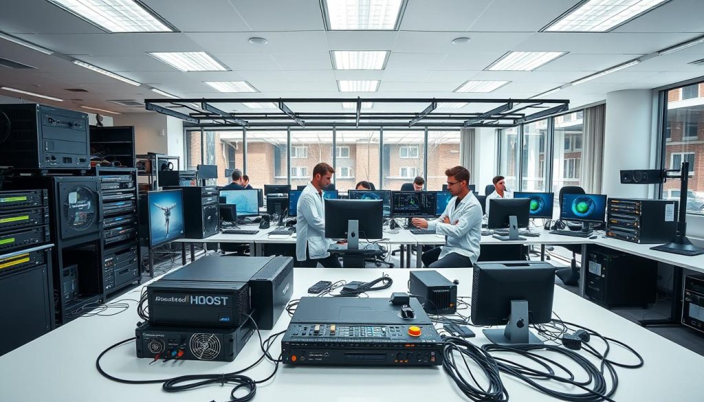 A high-quality, wide-angle shot of a modern, well-equipped tech office or testing lab. In the foreground, various computer hardware and networking equipment are neatly arranged on a large, clean desk, suggesting a "hosting tests" setup. The middle ground features several engineers wearing BoostedHost branded lab coats, intently focused on their work, surrounded by monitoring screens and diagnostic tools. The background showcases an expansive, sun-lit space with large windows, providing a sense of openness and professionalism. The overall scene conveys a sense of rigorous, meticulous testing and evaluation of web hosting services. A high-quality, wide-angle shot of a modern, well-equipped tech office or testing lab. In the foreground, various computer hardware and networking equipment are neatly arranged on a large, clean desk, suggesting a "hosting tests" setup. The middle ground features several engineers wearing BoostedHost branded lab coats, intently focused on their work, surrounded by monitoring screens and diagnostic tools. The background showcases an expansive, sun-lit space with large windows, providing a sense of openness and professionalism. The overall scene conveys a sense of rigorous, meticulous testing and evaluation of web hosting services.