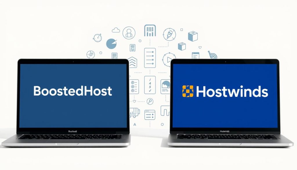 A high-resolution, detailed comparison of two professional web hosting services, BoostedHost and Hostwinds, set against a clean, minimalist background. The foreground features two sleek, modern laptop computers side-by-side, their screens displaying the respective company logos. The middle ground showcases a range of hosting-related icons and infographic elements, including server towers, speed metrics, and customer support symbols, all rendered in a subtle, muted color palette. The background subtly fades into a plain, off-white backdrop, allowing the key elements to take center stage. Soft, directional lighting casts gentle shadows, giving the scene a sense of depth and realism. The overall mood is one of authoritative, informative comparison, positioning the viewer to objectively assess the relative merits of the two hosting providers. A high-resolution, detailed comparison of two professional web hosting services, BoostedHost and Hostwinds, set against a clean, minimalist background. The foreground features two sleek, modern laptop computers side-by-side, their screens displaying the respective company logos. The middle ground showcases a range of hosting-related icons and infographic elements, including server towers, speed metrics, and customer support symbols, all rendered in a subtle, muted color palette. The background subtly fades into a plain, off-white backdrop, allowing the key elements to take center stage. Soft, directional lighting casts gentle shadows, giving the scene a sense of depth and realism. The overall mood is one of authoritative, informative comparison, positioning the viewer to objectively assess the relative merits of the two hosting providers.