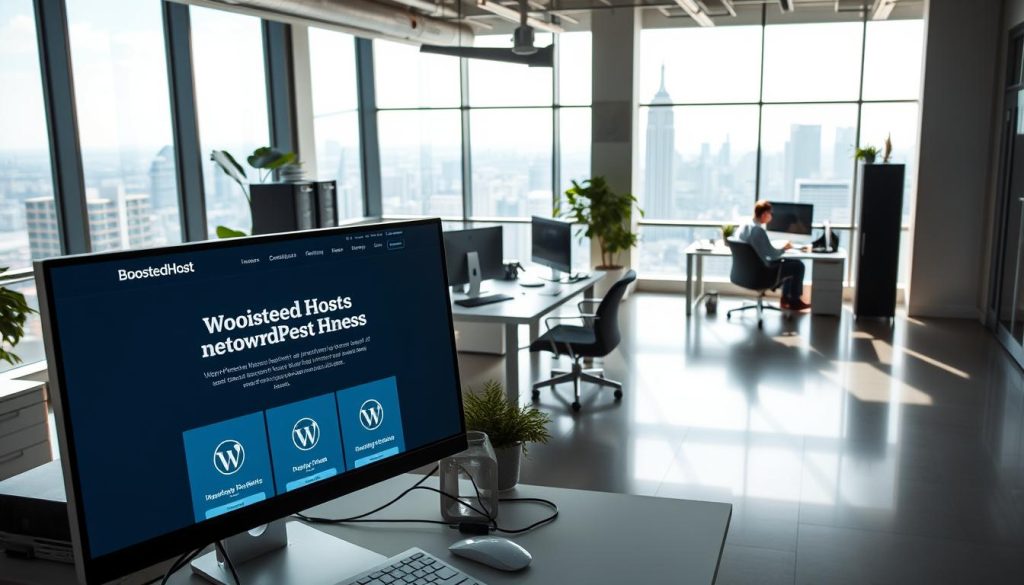 A high-resolution image of a modern, sleek office interior with a focus on a premium WordPress hosting provider called "BoostedHost". The scene features a well-lit workspace with large windows, minimalist furnishings, and technologically-advanced hardware. In the foreground, a desktop computer displays the BoostedHost website, showcasing their managed WordPress hosting services. The middle ground depicts several employees collaborating on web development tasks, using the latest software and tools. The background shows a panoramic cityscape view, conveying a sense of an agency-ready, enterprise-level WordPress hosting solution. The lighting is natural and diffused, creating a professional, sophisticated atmosphere.