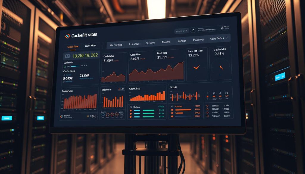 A high-resolution, photorealistic image of a cache hit rates dashboard displayed on a large computer monitor in a dimly lit server room. The dashboard shows various metrics such as cache hit rates, cache misses, cache eviction rates, and cache sizes, with clear and informative visualizations. The monitor is mounted on a sturdy metal rack, and the room is filled with the soft glow of server racks and LED indicators. The scene is lit with a warm, ambient light, creating a sense of technical precision and focus. The BoostedHost logo is prominently displayed in the corner of the dashboard.