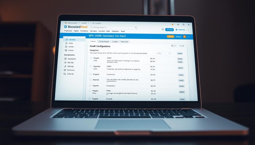 A high-resolution, photorealistic image of a laptop screen displaying the BoostedHost cPanel dashboard with the SPF, DKIM, and DMARC configuration sections highlighted. The screen is illuminated by soft, directional lighting, creating a warm, professional atmosphere. The foreground features the laptop in sharp focus, with a sleek, modern design. The middle ground showcases the cPanel interface with clear, legible text and intuitive icons. The background is blurred, creating a sense of depth and emphasis on the technical details.