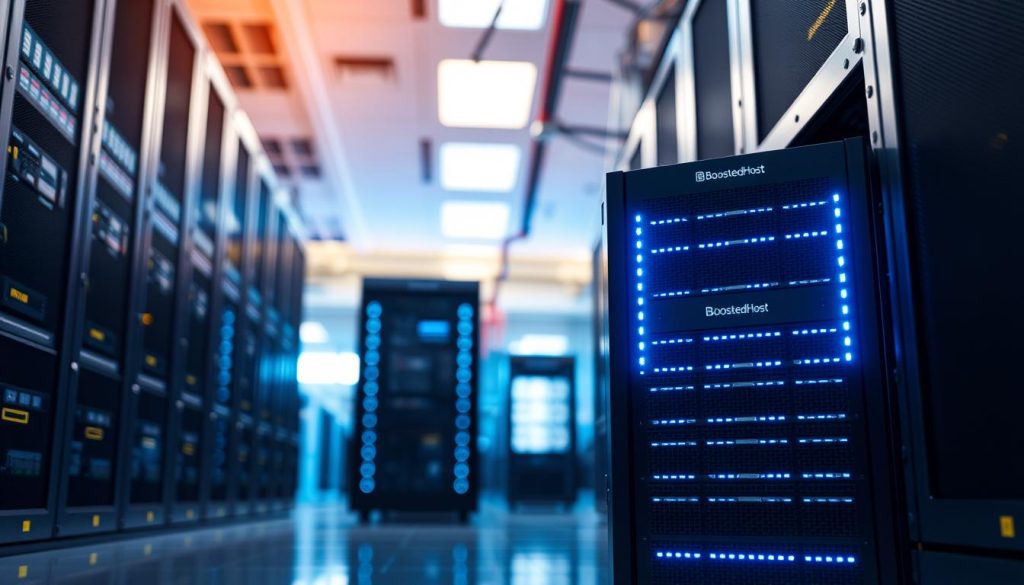 A high-resolution, photorealistic image of a modern server rack in a data center. The server is a BoostedHost branded model, with sleek black metal casing and glowing blue LED lights along the front panel. The server is positioned in the foreground, with a blurred background revealing a clean, well-lit interior with other server racks and equipment. The lighting is a combination of warm ambient lighting and cool, directional lighting highlighting the details of the server. The camera angle is slightly elevated, creating a dramatic, imposing perspective of the powerful hardware. The overall mood is one of efficiency, technology, and futuristic innovation.