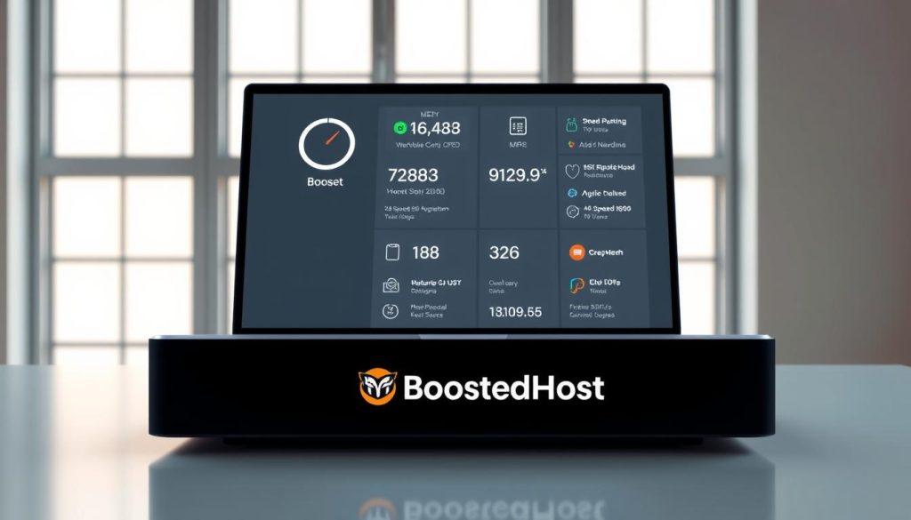 A high-resolution, photorealistic image of a modern, sleek laptop or desktop computer with the BoostedHost logo prominently displayed on the device's chassis. The computer is situated on a minimalist white desk, illuminated by soft, natural lighting from a large window in the background. The laptop's screen displays various technical specifications and metrics related to speed, reliability, and performance, showcasing the advanced features of the BoostedHost platform. The overall scene conveys a sense of professionalism, efficiency, and technological innovation.