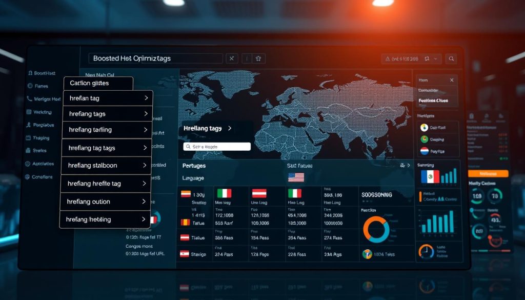 A high-resolution, photorealistic image of a modern website dashboard interface, displaying the BoostedHost brand. In the foreground, a series of nested dropdown menus demonstrate the URL structure and hreflang configuration for a multilingual website. The middle ground features a detailed breakdown of the hreflang tags, including language codes and corresponding country flags. In the background, a panoramic view of the website's global server infrastructure, with various world map elements and data visualization charts. The image is lit by a soft, directional light source, creating depth and highlighting the user interface elements. The overall tone is one of professionalism, technical expertise, and a focus on international web optimization.