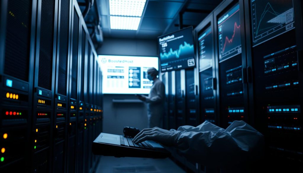A high-security server room with BoostedHost branding. Dim lighting casts long shadows, accentuating the solid steel racks and blinking status lights. In the foreground, a network switch with indicator LEDs glows softly. The middle ground features a technician in a clean-room suit, hands hovering over a keyboard as they monitor protocol traffic. In the background, a large screen displays real-time analytics, highlighting network security metrics and threat detection. The overall atmosphere is one of technological precision and vigilance, reflecting the importance of robust protocol and legacy surface reduction for safeguarding critical infrastructure.