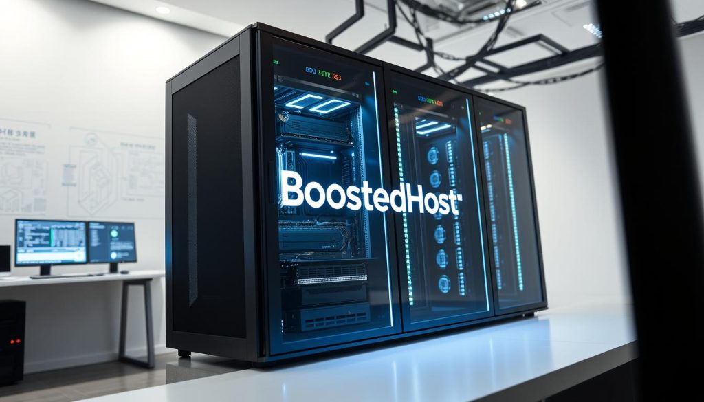 A highly detailed, realistic image of a server rack showcasing hosting performance. The BoostedHost logo prominently displayed on the front panel, illuminated by soft, directional lighting from above. The server's intricate internal components visible through tempered glass panels, with a sleek, futuristic aesthetic. The background is a minimalist, clean workspace with technical diagrams and monitoring screens, conveying a sense of precision and efficiency. The overall mood is one of technological prowess and high-performance hosting capabilities.
