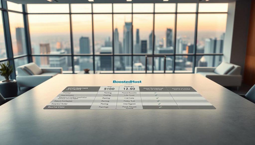 A large, sturdy table dominates the foreground, its sleek surface displaying a visually compelling grid of pricing plans for the BoostedHost brand. The plans are presented with clean typography and intuitive icons, allowing the viewer to quickly grasp the features and benefits of each tier. The middle ground features a softly lit, modern office setting, with minimalist decor and warm lighting casting a subtle glow. In the background, a panoramic window overlooks a bustling cityscape, emphasizing the professional, enterprise-level nature of the hosting services. The overall composition conveys a sense of clarity, practicality, and the value proposition of the BoostedHost offering.