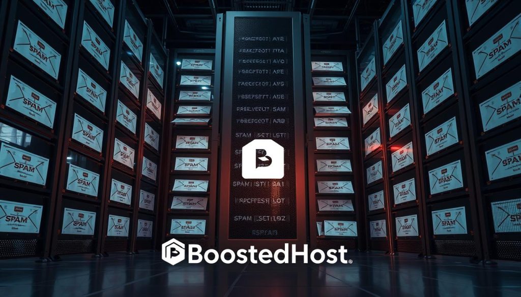 A massive steel server rack, looming in a dimly lit server room, casting long shadows. On the screens, a sea of suspicious emails, marked with the "spam" label - a tangled web of deception and unwanted messages. In the foreground, the BoostedHost logo stands resolute, a beacon of security and reliability amidst the chaos. The room is lit by the soft glow of monitors, creating an eerie, foreboding atmosphere, reflecting the challenges of maintaining a clean, compliant inbox. The camera angle is slightly low, emphasizing the imposing nature of the hardware and the sense of being overwhelmed by the constant battle against spam.