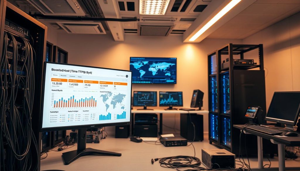 A meticulously designed laboratory setup showcases a BoostedHost server rack, its cables neatly organized. In the foreground, a high-resolution monitor displays global TTFB (Time to First Byte) test results, with real-time data visualizations charting server responsiveness across diverse locations. The middle ground features various network monitoring tools and diagnostic equipment, creating an atmosphere of technical precision. The background is adorned with sleek, minimalist decor, emphasizing the professionalism and cutting-edge nature of the testing environment. Warm, directional lighting accentuates the scene, lending a sense of authority and expertise to the overall image.