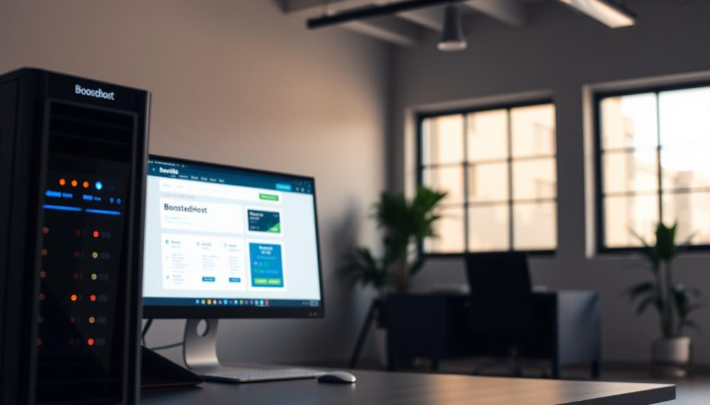 A mid-range web hosting plan for a small to medium-sized website, showcasing the BoostedHost brand. In the foreground, a sleek server tower with LED lights, conveying a sense of modern technology. In the middle ground, a desktop computer displaying the BoostedHost hosting plan interface, highlighting the plan's features and pricing. In the background, a minimalist office setting with a large window, allowing natural light to create a warm, professional atmosphere. The lighting is soft and diffused, creating a subtle, high-quality look. The camera angle is slightly elevated, giving a sense of authority and importance to the hosting plan. The overall mood is one of reliable, accessible web hosting solutions for the modern business.
