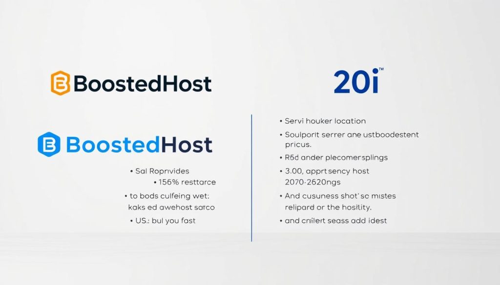 A modern and professional-looking comparison between the web hosting services BoostedHost and 20i. The image should have a clean and minimalist design, with a simple layout showcasing key features and details about the two providers. The foreground should feature crisp, high-quality product shots of the BoostedHost and 20i logos, presented in a side-by-side format. The middle ground should include concise, well-organized textual information highlighting the core differences between the two hosts, such as server locations, pricing, and customer support. The background should have a subtle, neutral-toned gradient or texture to create a sense of depth and professionalism. The overall atmosphere should convey a sense of trust, reliability, and clear decision-making for U.S. businesses.