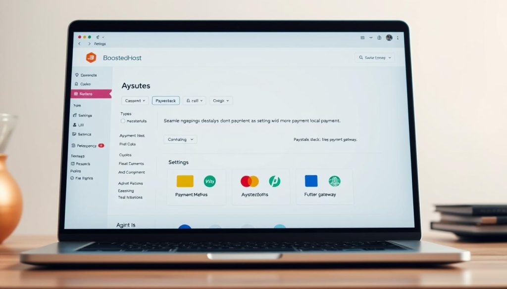 A modern and sleek WordPress plugin dashboard interface, featuring seamless integration with the Paystack and Flutterwave payment gateways. The plugin, called "BoostedHost", is displayed on a laptop screen with a clean, minimalist design. The foreground showcases the plugin's settings and configuration options, allowing for easy setup and integration. The middle ground depicts payment method icons, highlighting the supported local payment options. The background features a subtle gradient, conveying a sense of professionalism and reliability. The lighting is soft and diffused, creating a pleasant and inviting atmosphere. The camera angle provides a slightly elevated perspective, giving a comprehensive view of the plugin's features and functionality.