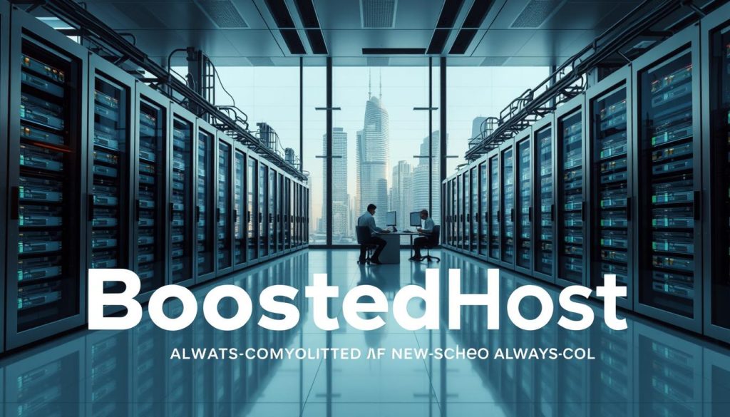 A modern and sleek data center, with rows of high-performance servers and cooling systems visible through large glass windows. The facility is brightly lit, with a clean and minimalist design. In the foreground, a prominent "BoostedHost" logo is displayed, conveying a sense of reliability and professionalism. The middle ground features technicians working diligently at their stations, monitoring the systems and ensuring uninterrupted 24/7 support. The background showcases the city skyline, hinting at the global connectivity and reach of the hosting provider. The overall atmosphere is one of efficiency, security, and a commitment to always-on service.