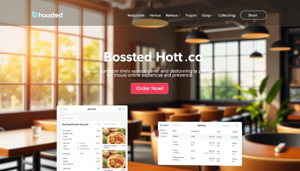 A modern and visually appealing website featuring the BoostedHost brand, showcasing a clean and conversion-focused design. The homepage displays a large hero image of a restaurant interior, with natural lighting pouring in through large windows. In the foreground, a sleek and intuitive user interface highlights BoostedHost's menu ordering and online delivery capabilities. The middle ground features a compelling call-to-action, encouraging users to "Order Now" with a bold and eye-catching button. The background subtly incorporates design elements that evoke a sense of professionalism and trustworthiness, reflecting the site's emphasis on optimizing the restaurant owner's online presence and customer experience.