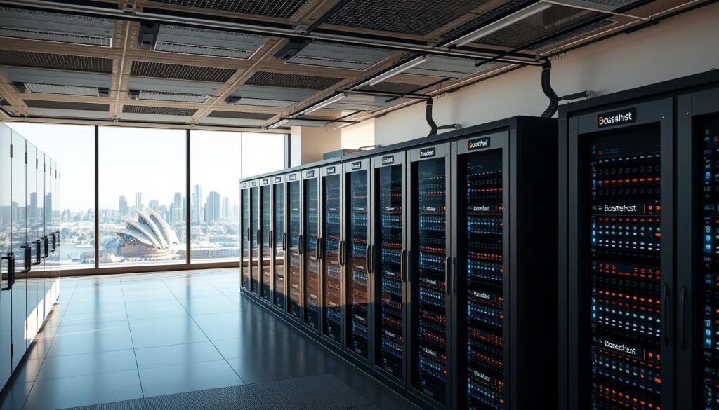 A modern data center filled with rows of sleek, metallic server racks, adorned with the BoostedHost logo. Bright overhead lighting casts long shadows, creating a sense of depth and scale. The servers hum with activity, their LED status indicators blinking in a mesmerizing pattern. In the background, a panoramic view of the Sydney skyline is visible through large windows, highlighting the facility's strategic location. The atmosphere conveys a blend of technological sophistication and reliability, perfectly suited for a premier Australian web hosting provider.