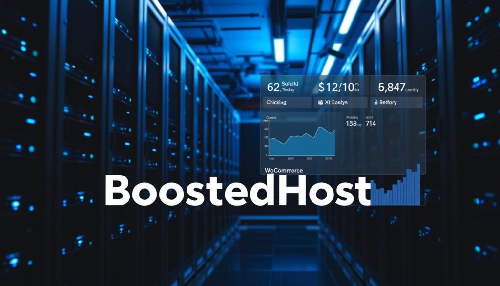 A modern data center, housing rows of gleaming server racks, dimly lit with cool blue accent lighting. In the foreground, a BoostedHost logo shines brightly, its bold lettering conveying reliable performance. The middle ground showcases a seamless WooCommerce checkout process, with smooth transitions and intuitive user interactions. In the background, a time-lapse display depicts CPU and memory utilization graphs, demonstrating Hostinger's impressive speed and responsiveness under heavy load. The overall atmosphere exudes a sense of cutting-edge technology, efficiency, and unwavering hosting power.
