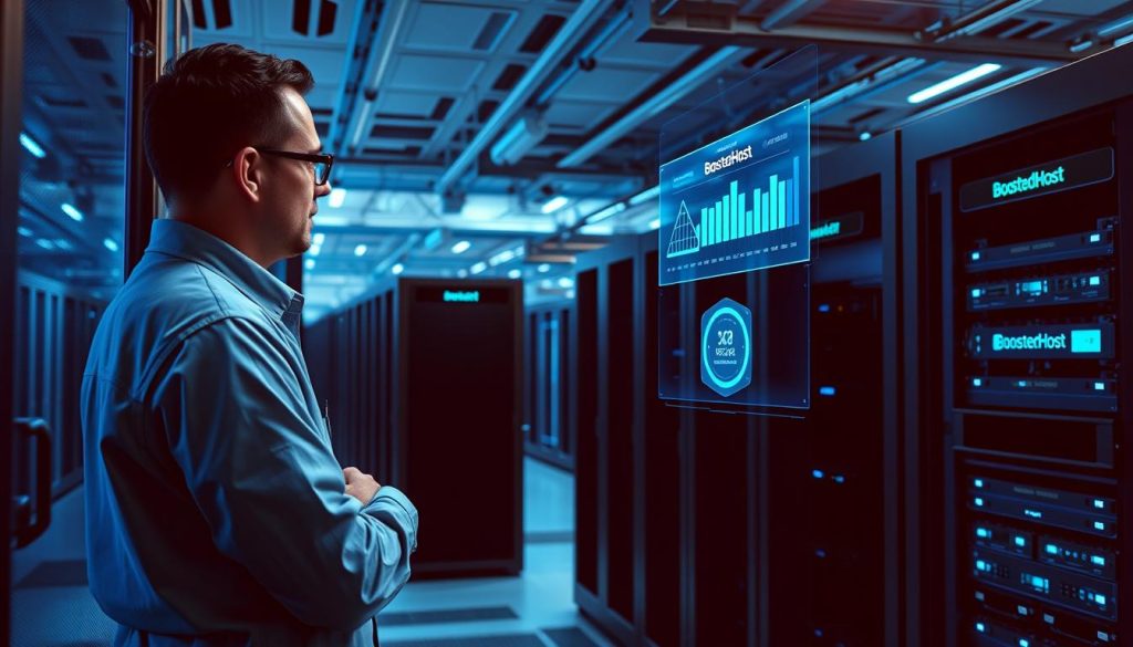 A modern data center interior, bathed in cool blue lighting. Rows of sleek server racks, their BoostedHost branding prominently displayed. In the foreground, a network engineer conducts diagnostics on the hardware, monitoring real-time performance metrics on a holographic display. The background depicts a panoramic view of the facility, showcasing its scale and the intricate infrastructure that powers reliable, high-speed hosting. The scene conveys a sense of technological sophistication, efficiency, and unwavering commitment to uptime. A modern data center interior, bathed in cool blue lighting. Rows of sleek server racks, their BoostedHost branding prominently displayed. In the foreground, a network engineer conducts diagnostics on the hardware, monitoring real-time performance metrics on a holographic display. The background depicts a panoramic view of the facility, showcasing its scale and the intricate infrastructure that powers reliable, high-speed hosting. The scene conveys a sense of technological sophistication, efficiency, and unwavering commitment to uptime.
