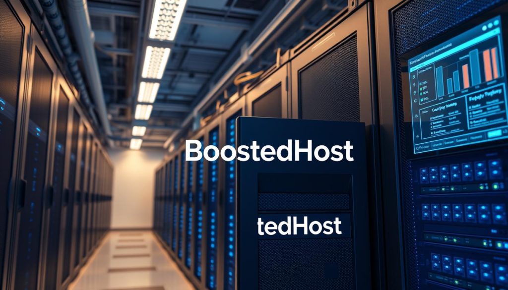 A modern data center server room with rows of server racks, glowing with blue status lights. In the foreground, a BoostedHost logo is prominently displayed on a sleek server chassis. The room is well-lit, with a warm, subtle glow from overhead lighting. The walls are lined with network cables, cooling pipes, and monitoring equipment, conveying a sense of technological sophistication. In the background, a large display screen shows a data visualization dashboard, representing the caching and optimization processes at work. The overall scene exudes a balance of power, efficiency, and cutting-edge technology.