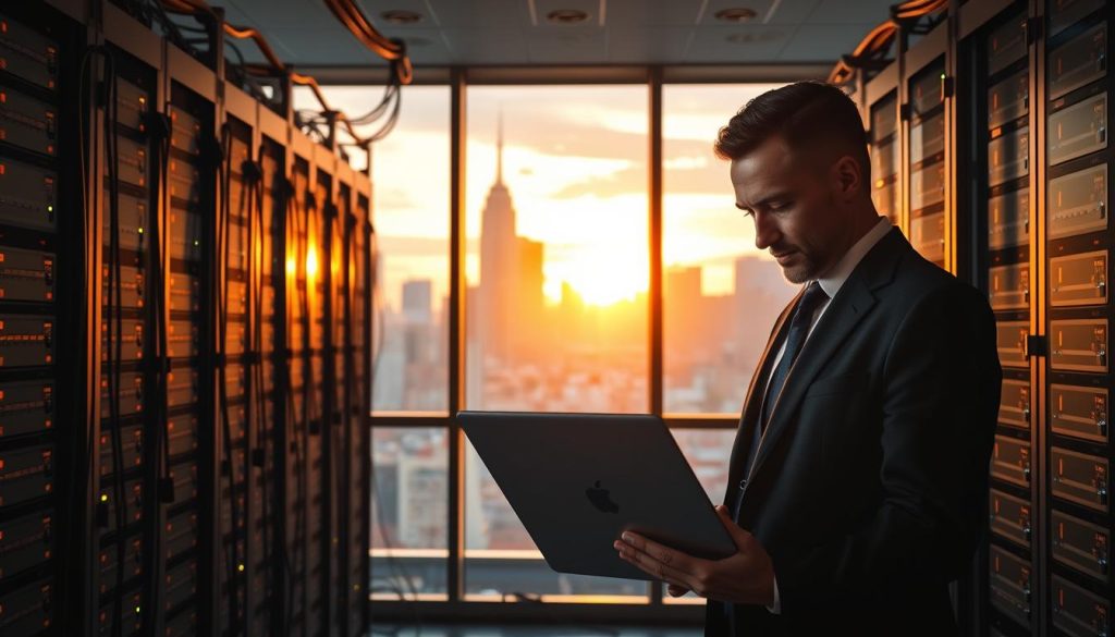 A modern data center with racks of servers, cables, and blinking lights. In the foreground, a person in a suit examining a laptop, deep in thought. The background features a large window overlooking a bustling city skyline, bathed in warm, golden hour lighting. The scene conveys a sense of professional expertise and the complexity of migrating a website to a new hosting provider like BoostedHost. The overall mood is one of focused determination and the anticipation of a successful transition.