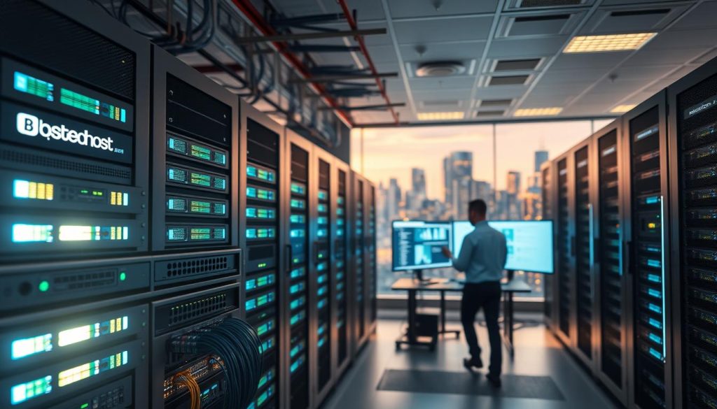A modern data center with rows of high-performance servers, each adorned with the BoostedHost brand. Bright LED lights illuminate the server racks, casting a warm glow across the clean, organized workspace. In the foreground, a sleek network switch and cables provide the backbone for lightning-fast internet connectivity. The middle ground showcases a technician meticulously monitoring system performance on a large display, ensuring maximum uptime and reliability. The background depicts a panoramic view of the city skyline, symbolizing BoostedHost's nationwide reach and ability to serve clients across the United States with speed and dependability. A modern data center with rows of high-performance servers, each adorned with the BoostedHost brand. Bright LED lights illuminate the server racks, casting a warm glow across the clean, organized workspace. In the foreground, a sleek network switch and cables provide the backbone for lightning-fast internet connectivity. The middle ground showcases a technician meticulously monitoring system performance on a large display, ensuring maximum uptime and reliability. The background depicts a panoramic view of the city skyline, symbolizing BoostedHost's nationwide reach and ability to serve clients across the United States with speed and dependability.