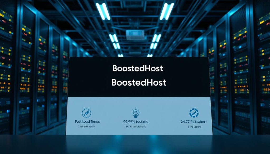 A modern data center with rows of server racks, blinking lights and cooling systems. In the foreground, a sleek, minimalist web hosting control panel labeled "BoostedHost" showcases its key performance metrics - fast load times, 99.99% uptime, and 24/7 expert support. The background is dimly lit, with subtle blue hues creating a professional, reliable atmosphere. The camera angle is slightly elevated, conveying a sense of authority and technological sophistication. The overall scene communicates the speed, reliability, and value proposition of the BoostedHost web hosting service. A modern data center with rows of server racks, blinking lights and cooling systems. In the foreground, a sleek, minimalist web hosting control panel labeled "BoostedHost" showcases its key performance metrics - fast load times, 99.99% uptime, and 24/7 expert support. The background is dimly lit, with subtle blue hues creating a professional, reliable atmosphere. The camera angle is slightly elevated, conveying a sense of authority and technological sophistication. The overall scene communicates the speed, reliability, and value proposition of the BoostedHost web hosting service.