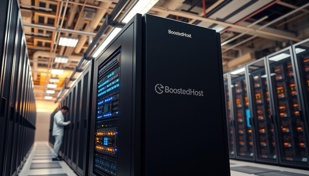 A modern data center with rows of server racks, illuminated by warm lighting. In the foreground, a BoostedHost server tower stands prominently, its sleek design and glowing indicators conveying power and reliability. The middle ground features technicians in clean uniforms tending to the equipment, while the background showcases a panoramic view of the facility, with high ceilings and a sense of technological prowess. The image should convey the stability, performance, and cutting-edge nature of BoostedHost's web hosting solutions, catering to the needs of businesses in the United States. Prompt
