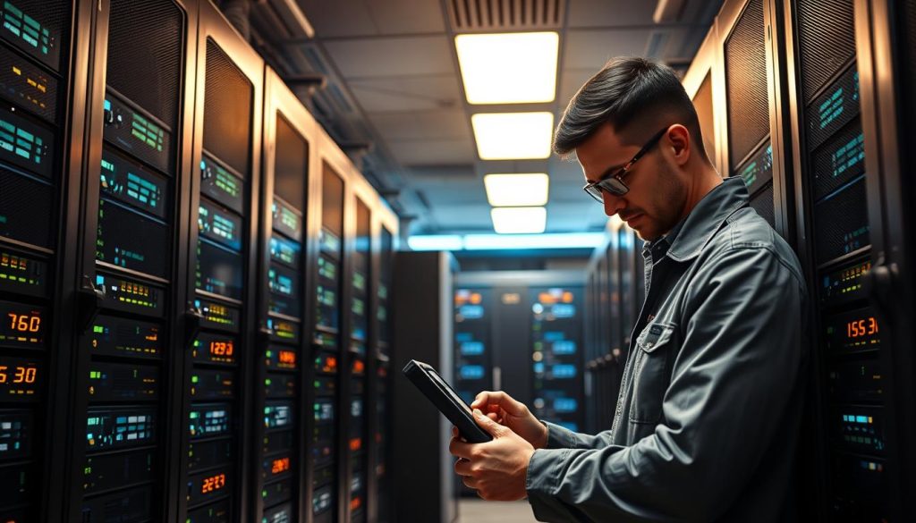 A modern data center with sleek server racks, glowing status panels, and an engineer meticulously upgrading the performance of BoostedHost's PHP plugins. Bright overhead lighting casts a warm glow, while the background features a clean, minimalist design with hints of futuristic technology. The engineer's face is not visible, but their focused movements and the gleam of their tools convey a sense of expertise and efficiency. The entire scene exudes a sense of professional, cutting-edge optimization to streamline and harden the hosting stack.