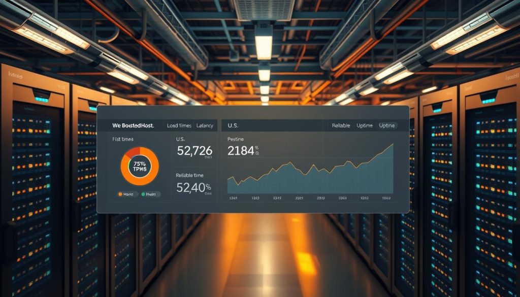 A modern data center with state-of-the-art cooling and server infrastructure, bathed in a warm glow of ambient lighting. In the foreground, a sleek dashboard displays real-time data on web hosting speeds for U.S. customers, with BoostedHost's logo prominently featured. The dashboard presents a clean, intuitive interface, showcasing fast load times, low latency, and reliable uptime metrics. The mid-ground features rows of high-performance servers, their LED lights blinking in a rhythmic pattern. The background depicts a panoramic view of the facility, conveying a sense of scale and technological prowess. The overall scene radiates a professional, futuristic, and trustworthy atmosphere.